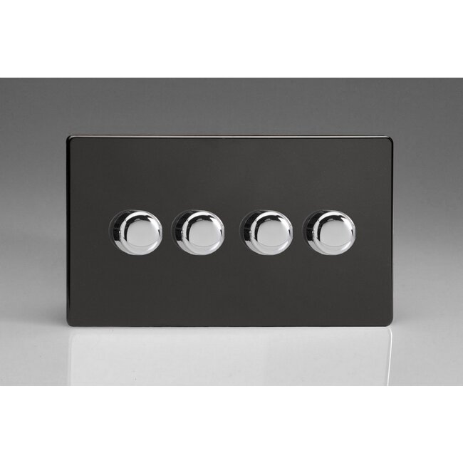 Varilight Screwless 4-Gang 2-Way Push-On/Off Rotary LED Dimmer 4 x 0-120W (1-10 LEDs) (Twin Plate) V-Pro Premium Black Chrome Knobs