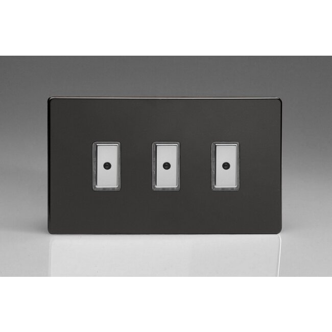 Varilight Screwless 3-Gang 1-Way V-Pro Multi-Point Remote/Tactile Touch Control Master LED Dimmer 3 x 0-100W (1-10 LEDs) (Twin Plate) V-Pro Multi-Point Remote (formerly Eclique2) Premium Black Chrome Buttons