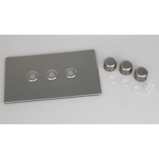 Varilight Screwless 3-Gang Matrix Kit For Rotary Dimmers (Twin Plate)  Matrix Satin Satin Chrome Knob