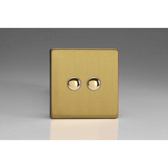 Varilight Screwless 2-Gang 6A 1- or 2-Way Push-On/Off Impulse Switch Decorative Brushed Brass Brass Buttons
