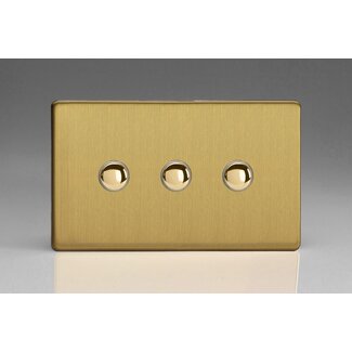 Varilight Screwless 3-Gang 6A 1- or 2-Way Push-On/Off Impulse Switch (Twin Plate) Decorative Brushed Brass Brass Buttons