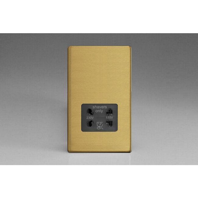 Varilight Screwless Dual Voltage Shaver Socket 230V/115V Black Brushed Brass Black Insert