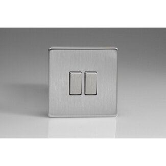 Varilight Screwless 2-Gang (10A Intermediate Switch + 10A 1- or 2-Way Rocker Switch) Decorative Brushed Steel Steel Rockers