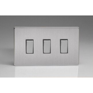 Varilight Screwless 3-Gang 10A 1- or 2-Way Rocker Switch (Twin Plate) Decorative Brushed Steel Steel Rockers