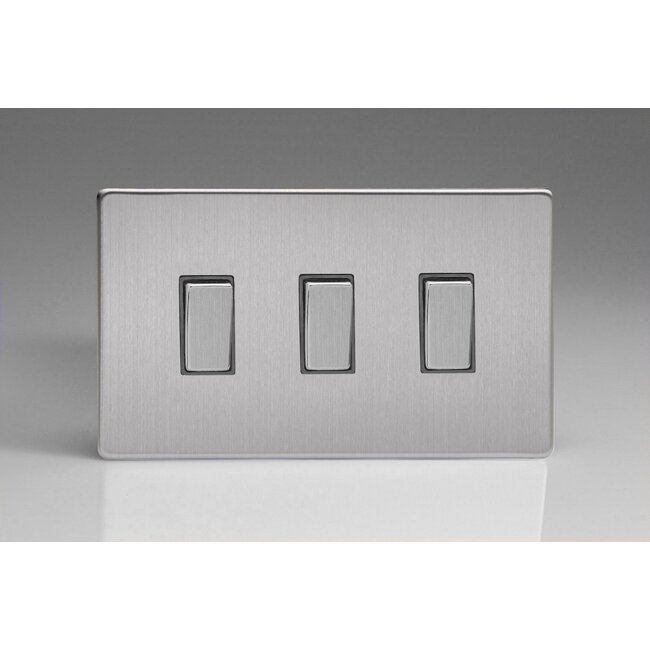 Varilight Screwless 3-Gang 10A 1- or 2-Way Rocker Switch (Twin Plate) Decorative Brushed Steel Steel Rockers