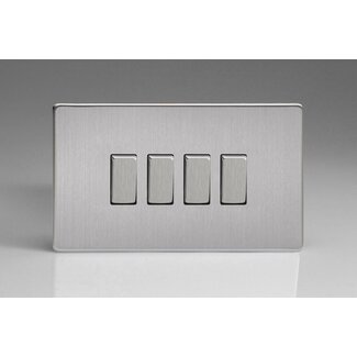 Varilight Screwless 4-Gang 10A 1- or 2-Way Rocker Switch (Twin Plate) Decorative Brushed Steel Steel Rockers
