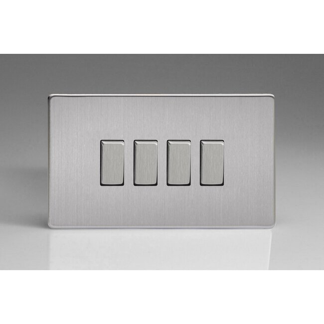 Varilight Screwless 4-Gang 10A 1- or 2-Way Rocker Switch (Twin Plate) Decorative Brushed Steel Steel Rockers