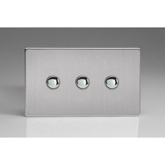 Varilight Screwless 3-Gang 6A 1-Way Push-to-Make Momentary Switch (Twin Plate) Decorative Brushed Steel Chrome Buttons