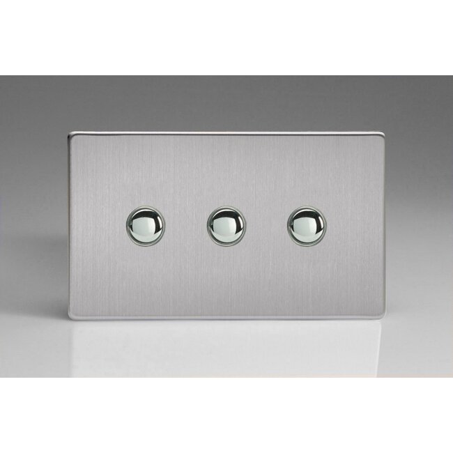 Varilight Screwless 3-Gang 6A 1-Way Push-to-Make Momentary Switch (Twin Plate) Decorative Brushed Steel Chrome Buttons