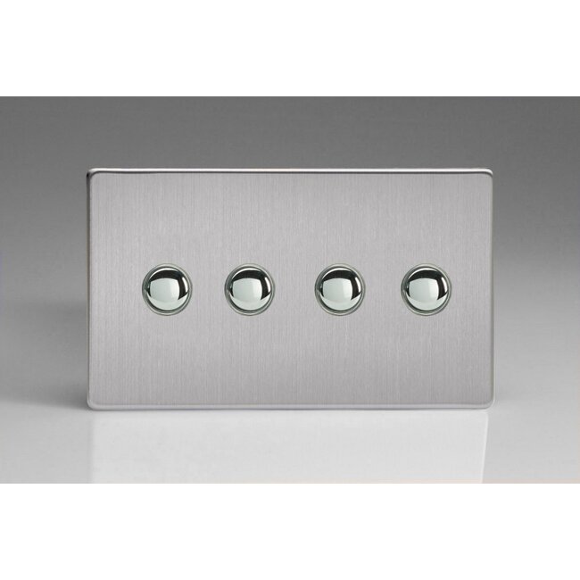 Varilight Screwless 4-Gang 6A 1-Way Push-to-Make Momentary Switch (Twin Plate) Decorative Brushed Steel Chrome Buttons