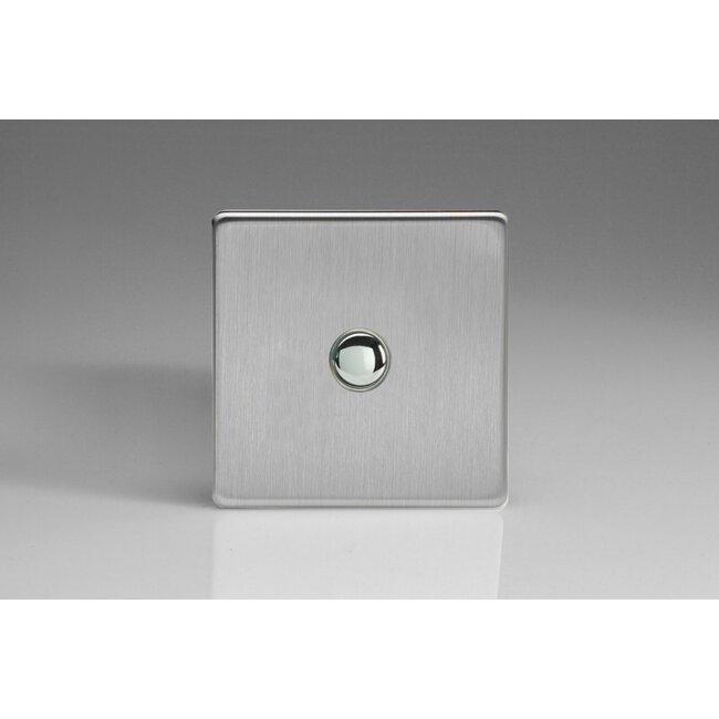 Varilight Screwless 1-Gang 6A 1- or 2-Way Push-On/Off Impulse Switch Decorative Brushed Steel Chrome Button