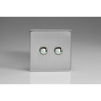 Varilight Screwless 2-Gang 6A 1- or 2-Way Push-On/Off Impulse Switch Decorative Brushed Steel Chrome Buttons