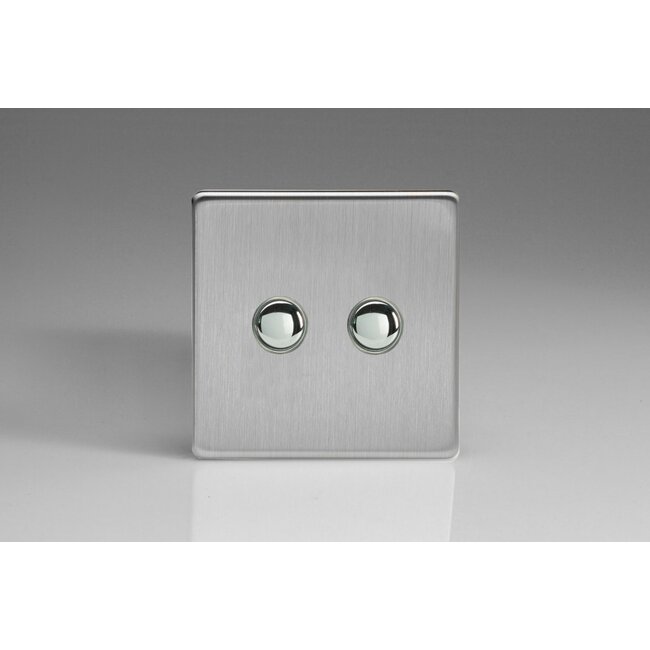 Varilight Screwless 2-Gang 6A 1- or 2-Way Push-On/Off Impulse Switch Decorative Brushed Steel Chrome Buttons