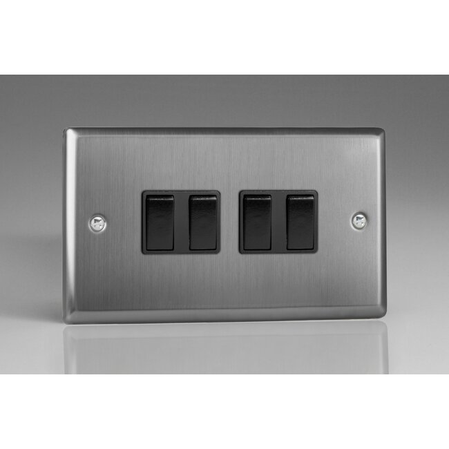 Varilight Classic 4-Gang 10A 1- or 2-Way Rocker Switch (Twin Plate) Black Brushed Steel Black Rockers