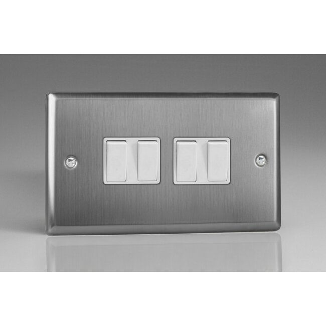 Varilight Classic 4-Gang 10A 1- or 2-Way Rocker Switch (Twin Plate) White Brushed Steel White Rockers
