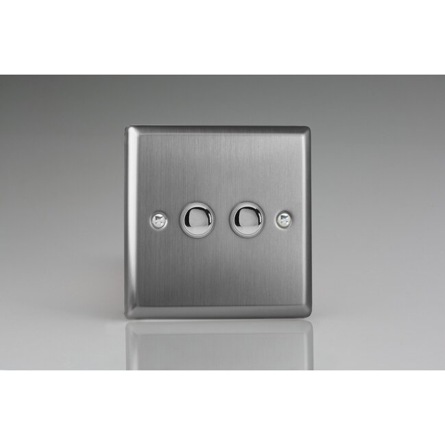 Varilight Classic 2-Gang 6A 1- or 2-Way Push-On/Off Impulse Switch Decorative Brushed Steel Steel Buttons
