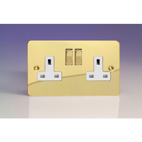 Varilight Ultraflat 2-Gang 13A Double Pole Switched Socket with Metal Rockers White Polished Brass Brass/White Inserts Varilight Ultraflat 2-Gang 13A Double Pole Switched Socket with Metal Rockers White Polished Brass Brass/White Inserts
