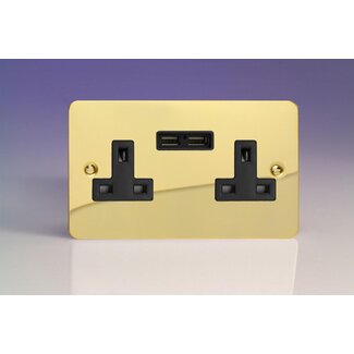 Varilight Ultraflat 2-Gang 13A Unswitched Socket + 2x5V DC 2100mA USB Charging Ports Black Polished Brass Black Inserts