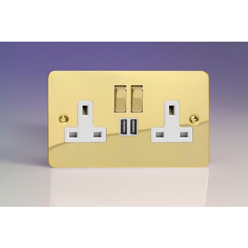Varilight Ultraflat 2-Gang 13A Single Pole Switched Socket with Metal Rockers + 2x5V DC 2100mA USB Charging Ports White Polished Brass Brass/White Inserts Varilight Ultraflat 2-Gang 13A Single Pole Switched Socket with Metal Rockers + 2x5V DC 2100mA USB Charging Ports White Polished Brass Brass/White Inserts