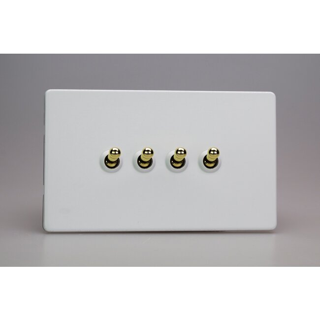 Varilight Screwless 4-Gang 10A 1- or 2-Way Toggle Switch (Twin Plate) Decorative Primed Brass Toggles