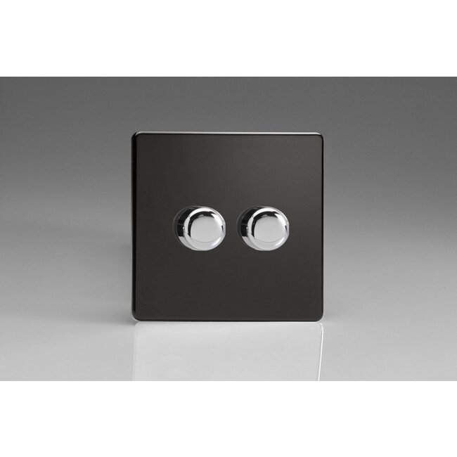 Varilight Screwless 2-Gang 2-Way Push-On/Off Rotary LED Dimmer 2 x 0-120W (1-10 LEDs) V-Pro Premium Black Chrome Knobs