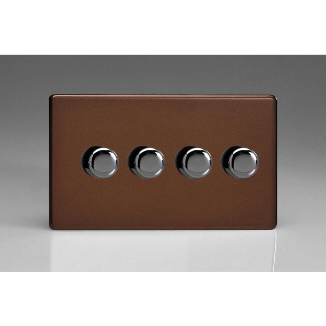 Varilight Screwless 4-Gang 2-Way Push-On/Off Rotary LED Dimmer 4 x 0-120W (1-10 LEDs) (Twin Plate) V-Pro Mocha Iridium Knobs