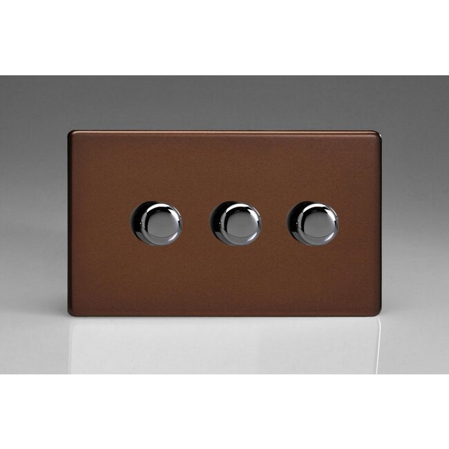 Varilight Screwless 3-Gang 2-Way Push-On/Off Rotary LED Dimmer 3 x 0-120W (1-10 LEDs) (Twin Plate) V-Pro Mocha Iridium Knobs