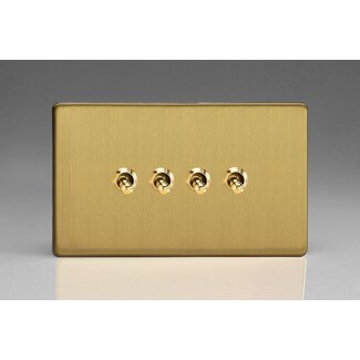 Varilight Screwless 4-Gang 10A 1- or 2-Way Toggle Switch (Twin Plate) Decorative Brushed Brass Brass Toggles