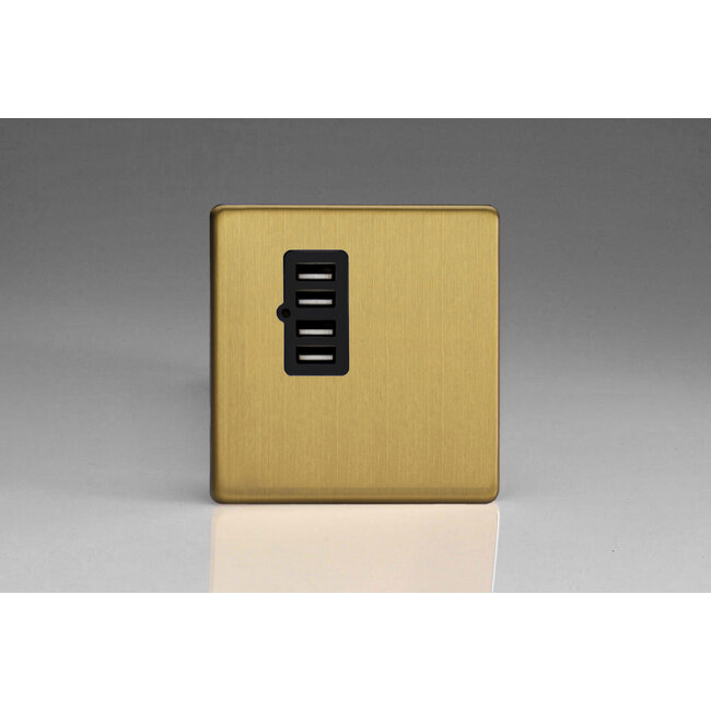 Varilight Screwless 4 Gang 5V DC 4800mA USB Charging Port (Single Plate) Black Brushed Brass Black Insert