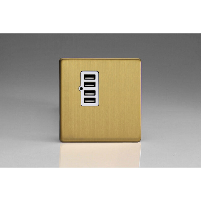 Varilight Screwless 4 Gang 5V DC 4800mA USB Charging Port (Single Plate) White Brushed Brass White Insert