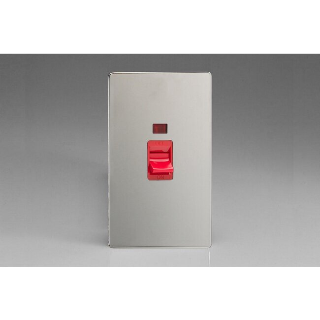 Varilight Screwless 45A Cooker Switch + Neon (Vertical Twin Plate, Red Rocker) Red Polished Chrome Red Insert