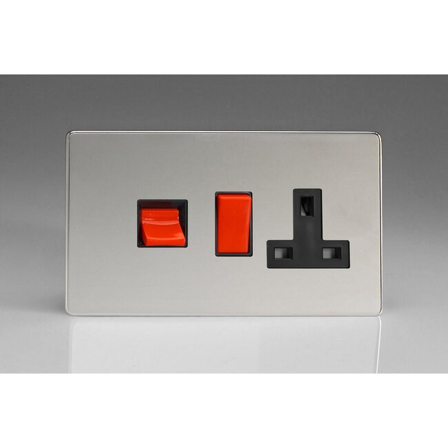 Varilight Screwless 45A Cooker Panel with 13A Double Pole Switched Socket Outlet (Red Rocker) Black Polished Chrome Black/Red Inserts