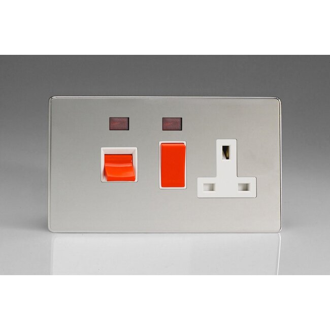 Varilight Screwless 45A Cooker Panel + Neon with 13A Double Pole Switched Socket Outlet (Red Rocker) White Polished Chrome White/Red Inserts