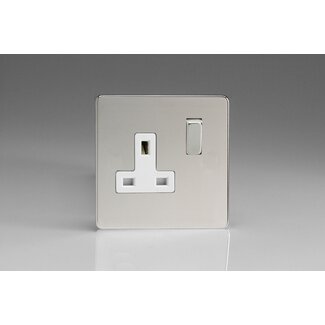 Varilight Screwless 1-Gang 13A Double Pole Switched Socket with Metal Rockers White Polished Chrome Chrome/White Inserts