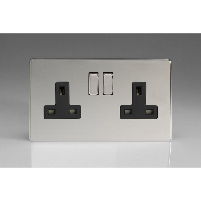 Varilight Screwless 2-Gang 13A Double Pole Switched Socket with Metal Rockers Black Polished Chrome Chrome/Black Inserts
