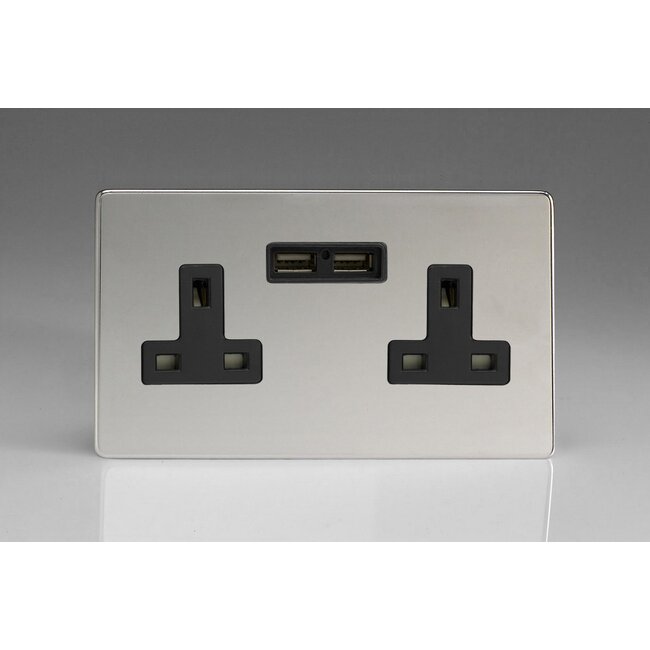 Varilight Screwless 2-Gang 13A Unswitched Socket + 2x5V DC 2100mA USB Charging Ports Black Polished Chrome Black Inserts
