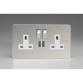 Varilight Screwless 2-Gang 13A Single Pole Switched Socket with Metal Rockers + 2x5V DC 2100mA USB Charging Ports  White Polished Chrome Chrome/White Inserts