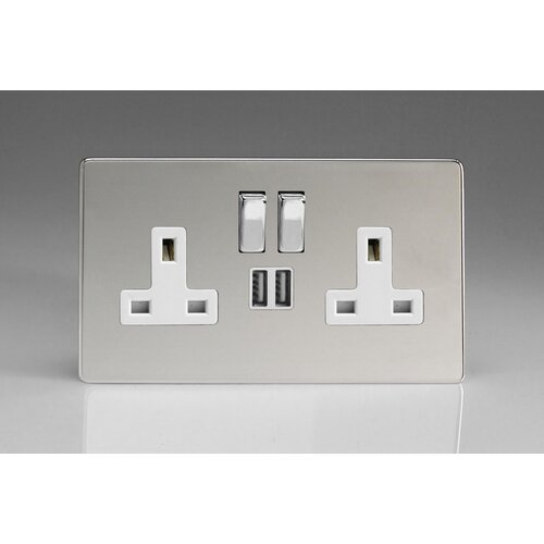 Varilight Screwless 2-Gang 13A Single Pole Switched Socket with Metal Rockers + 2x5V DC 2100mA USB Charging Ports White Polished Chrome Chrome/White Inserts Varilight Screwless 2-Gang 13A Single Pole Switched Socket with Metal Rockers + 2x5V DC 2100mA USB Charging Ports White Polished Chrome Chrome/White Inserts