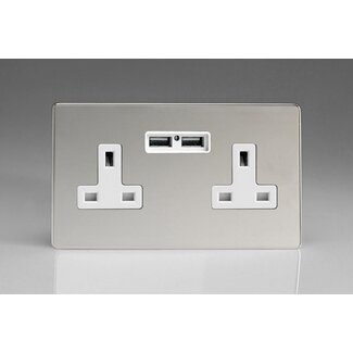Varilight Screwless 2-Gang 13A Unswitched Socket + 2x5V DC 2100mA USB Charging Ports White Polished Chrome White Inserts