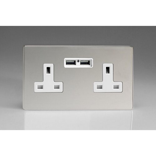 Varilight Screwless 2-Gang 13A Unswitched Socket + 2x5V DC 2100mA USB Charging Ports White Polished Chrome White Inserts Varilight Screwless 2-Gang 13A Unswitched Socket + 2x5V DC 2100mA USB Charging Ports White Polished Chrome White Inserts