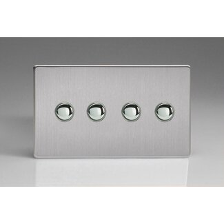 Varilight Screwless 4-Gang 6A 1- or 2-Way Push-On/Off Impulse Switch (Twin Plate) Decorative Brushed Steel Chrome Buttons