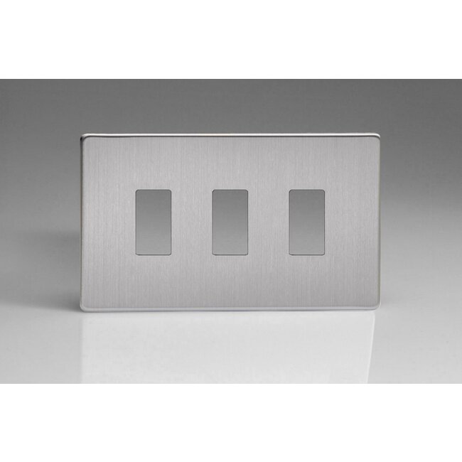 Varilight Screwless 3-Gang Screwless PowerGrid Plate including Yoke (Twin Plate)  Brushed Steel