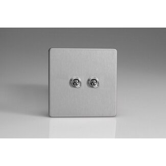 Varilight Screwless 2-Gang 10A 1- or 2-Way Toggle Switch Decorative Brushed Steel Chrome Toggles