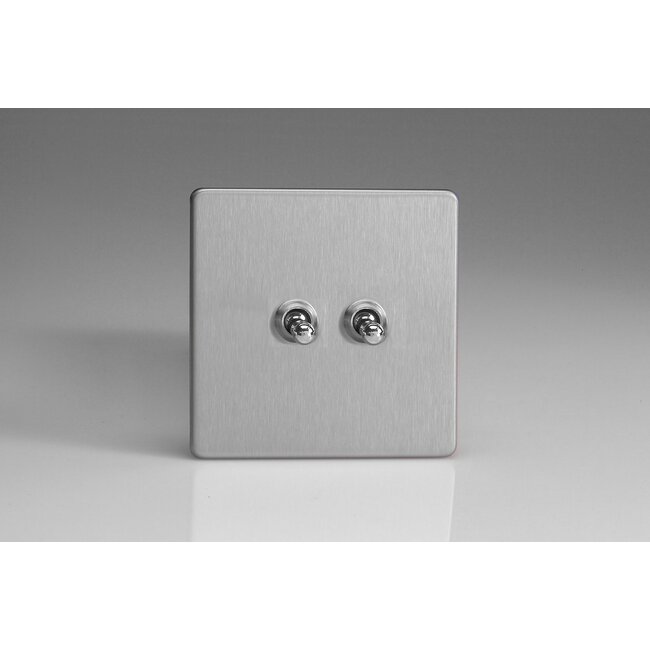 Varilight Screwless 2-Gang 10A 1- or 2-Way Toggle Switch Decorative Brushed Steel Chrome Toggles