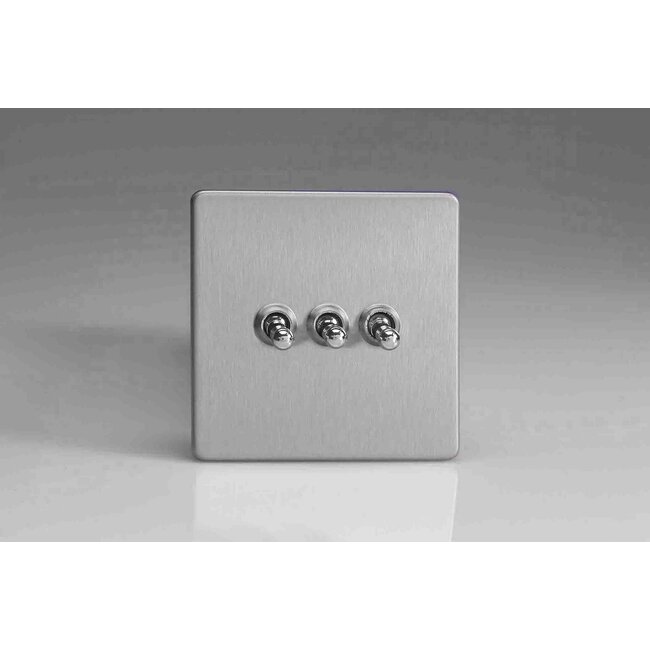 Varilight Screwless 3-Gang 10A 1- or 2-Way Toggle Switch Decorative Brushed Steel Chrome Toggles