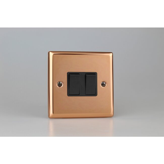 Varilight Urban 2-Gang (10A Intermediate Switch + 10A 1- or 2-Way Rocker Switch) Black Polished Copper Black Rockers