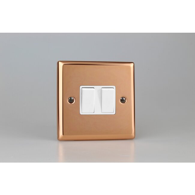 Varilight Urban 2-Gang (10A Intermediate Switch + 10A 1- or 2-Way Rocker Switch) White Polished Copper White Rockers