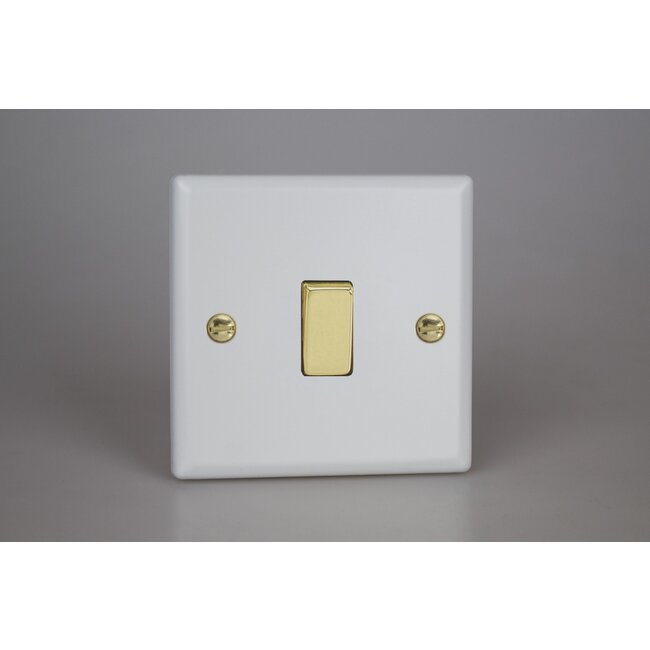 Varilight Vogue 1-Gang 10A Intermediate Rocker Switch with Metal Rockers Decorative Matt White Polished Brass