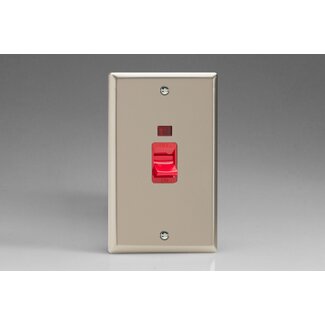 Varilight Classic 45A Cooker Switch + Neon (Vertical Twin Plate, Red Rocker) Red Satin Red Insert