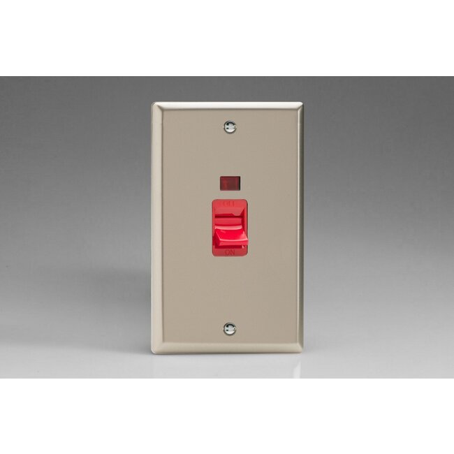 Varilight Classic 45A Cooker Switch + Neon (Vertical Twin Plate, Red Rocker) Red Satin Red Insert